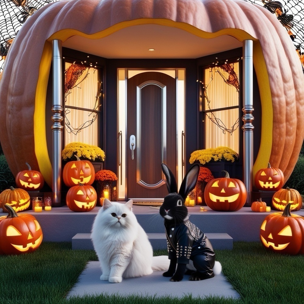 HANDCRAFTED digital art print of a pumpkin house with fur babies in Halloween